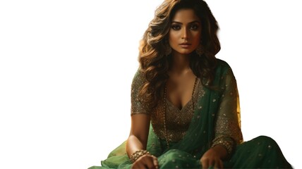 Indian female model in green dress and elegant jewelry, attending wedding ceremony or festival. Fictional Characters Created By Generative AI.