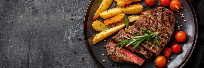 Canvas Print - Dry aged beef fillet steak served with potato and vegetable fries on a modern design plate with space for text viewed from above