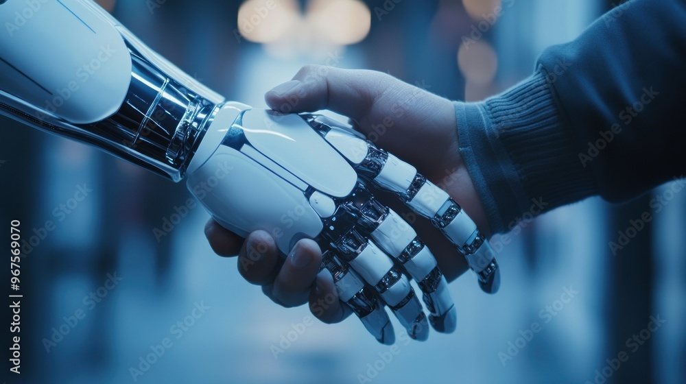Human hand and humanoid robot handshake symbolizing unity ...