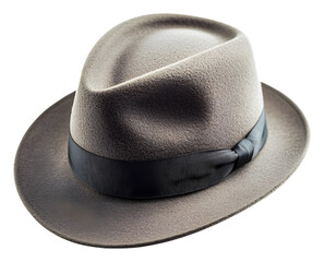 Classic gray fedora hat with a black ribbon for stylish occasions isolated on transparent background