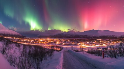the sky above the mountains and village of abisko kiruna glows with the brilliant colors of the auro