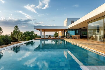 Modern house with pool in South of France, featuring wooden deck, blue sky, green trees, and summer evening light on blue water.