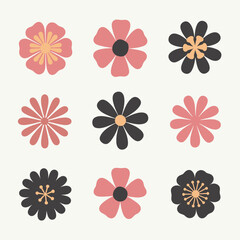 Wall Mural - A grid of nine stylized flower illustrations in red and black against a white background.