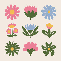 Wall Mural - Colorful assortment of nine unique and stylized flowers in a minimalist design.