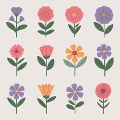 Wall Mural - Illustration of twelve colorful flowers with various shapes and hues set against a simple light background.