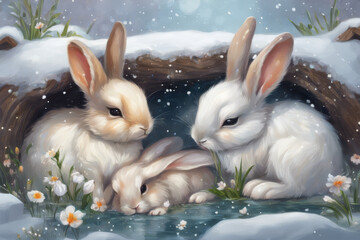 Three white rabbits are sitting in a pond with flowers in the background