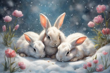 Three white rabbits are sitting in the snow next to pink flowers