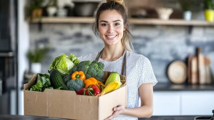 Fresh organic groceries being unpacked by a smiling young woman at the kitchen counter