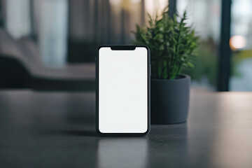 smart phone blank white screen mockup on a wooden table with attractive background generated by AI