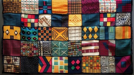 Handwoven Kente cloth-inspired fabric with a seamless geometric pattern