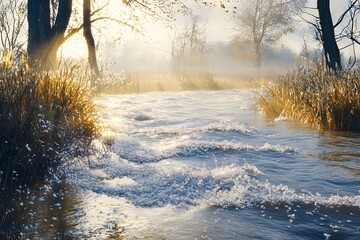 Wall Mural - Sunlit River in a Misty Forest