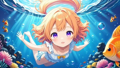 A charming anime girl with orange hair and purple eyes swims underwater, surrounded by colorful fish and coral. The sunlight filtering through the water creates a magical atmosphere, highlighting her