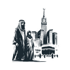 Wall Mural - The arabic bedouin male and kaaba in mecca. National day illustration. Vector.
