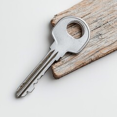 A key resting on a wooden table, with soft shadows