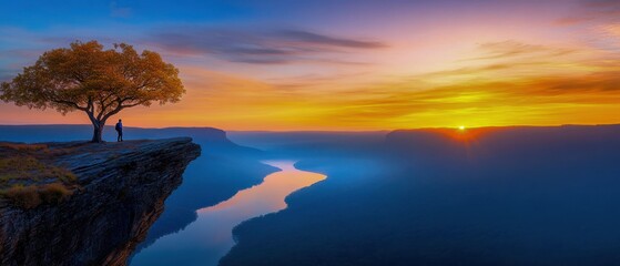 Sticker - Peaceful Sunset Reflections Over Calm Water with Silhouetted Tree on Cliff