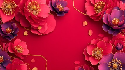 Wall Mural - Vibrant Red and Pink Floral Backdrop with Flourish Patterns