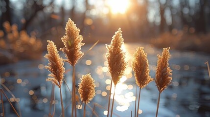 Wall Mural - Golden reeds sway gently by the shimmering pond as the sun sets behind the tranquil forest in autumn. Generative AI