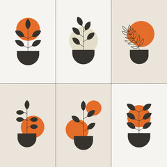 Wall Mural - Minimalistic plant illustrations with abstract geometric elements in black, orange, and beige.