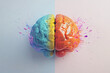 © agnes - A 3D brain divided into blue and orange halves with dynamic splashes symbolizing creative and logical thinking in art style