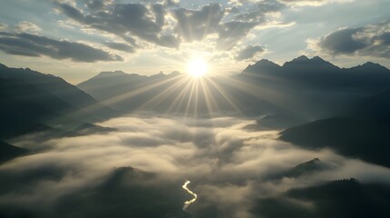 Dramatic Sunrise Over Misty Mountain Landscape