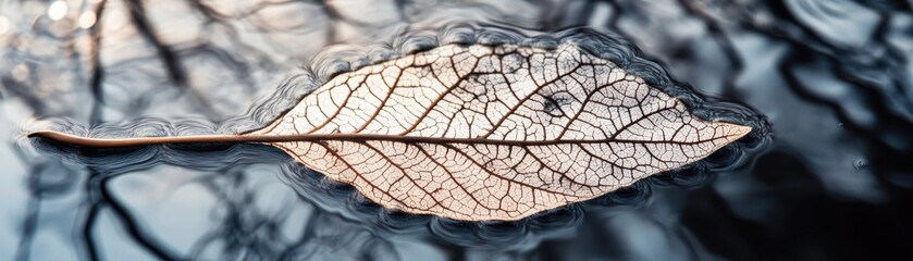 A delicate leaf floats on waters surface, showcasing its intricate veins that mimic reflection of life. serene scene evokes sense of tranquility and connection to nature