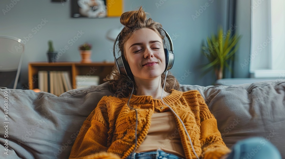 Young Caucasian woman in wireless headphones listening to music and ...