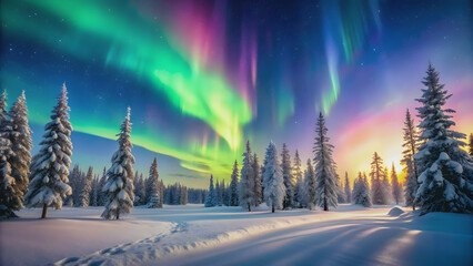 Magical winter landscape with colorful Aurora Borealis dancing over snow-covered trees, winter, landscape