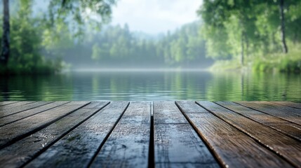 Wooden dock extending over a calm lake with a misty forest background.