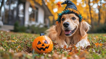 Wall Mural - A dog in a Halloween costume playing with a spooky-themed toy in a festive yard