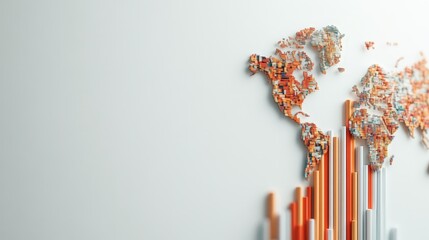 This image features a colorful map of the world alongside tall, rising bars indicating economic growth. The background is light, creating a professional and optimistic atmosphere.