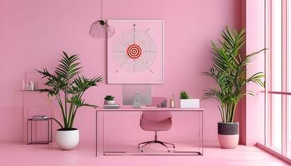 Wall Mural - Elegant pink office setup featuring a potted plant and a target chart, perfect for enhancing business productivity and motivation.