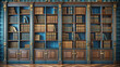 © Selene Studio - Vintage bookcases in brown and blue with golden accents filled with retro-style books , retro, bookcase, books, brown