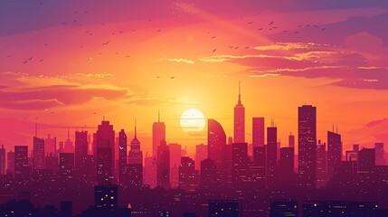 A colorful illustration of a city skyline with a sunrise.