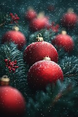 Christmas tree with red ornaments and snowflakes on a dark background, close-up. Christmas card concept.