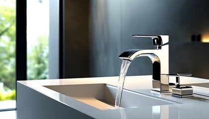 Sleek modern bathroom sink featuring a chic chrome faucet in an elegant and bright contemporary interior design