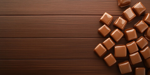 Poster - Square caramel candies stacked in a crisscross pattern on wooden surface, food illustration