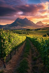 Wall Mural - A beautiful vineyards with a mountain in the background during sunrise