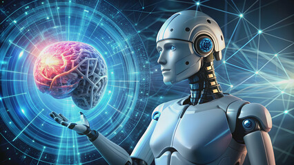 Artificial intelligence technology concept with futuristic robot and virtual digital brain, AI