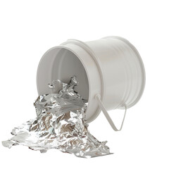 Spilled Silver Color Liquid From Bucket 3d Render isolated on Png Background.