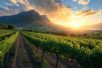 Poster - A beautiful vineyards with a mountain in the background during sunrise