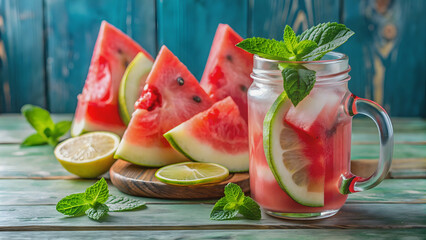 Refreshing healthy lemonade with watermelon slices and fresh mint leaves , lemonade, healthy, watermelon, mint leaves, refreshing