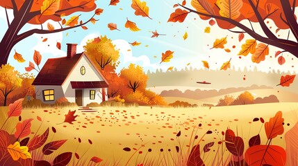 Wall Mural - A cute illustration of a small house in the fall with trees and leaves.