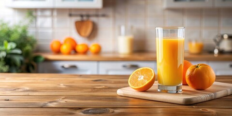 Fresh glass of orange juice on a wooden kitchen table , refreshing, citrus, vitamins, healthy, beverage, drink, breakfast