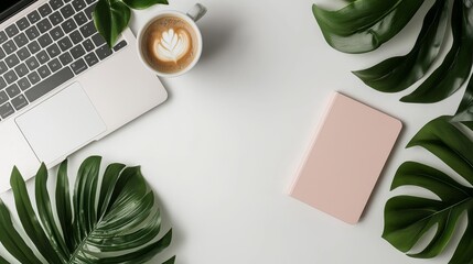Copy space with paper, notebook, tablet and laptop on a white background. Top view.