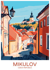 Wall Mural - Mikulov Czech Republic Poster Illustration Travel Print Decor Gift Paper Canvas Wall Retro Art