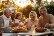 © Nazmi - Multigenerational family gathering and celebrating together in a garden, warm and joyful atmosphere with natural light in a homey backyard.