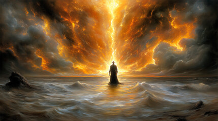 A lone figure stands on a rock in the ocean under a dramatic sky contemplating existence and the universe