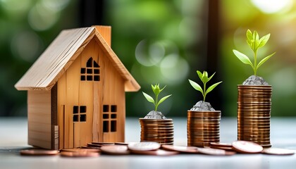 Wall Mural - Wooden house model surrounded by coins, symbolizing planning for property investment and sustainable construction financing