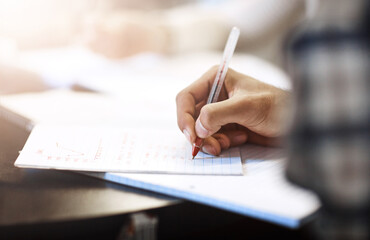 Poster - Writing, education or hand of person in college for learning, notes or accounting course. Student, books or studying at table for exam preparation, finance assignment or lesson on stats in university