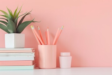 Peach color wall and home office desk with supplies, pencils, pens, boxes, plant pot. Creative stylish minimal workspace. Contemporary flat white work tabletop for product display montage. Blank space